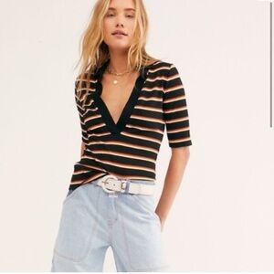 Free People Donna Striped Collar V-neck Ribbed Top Size XS